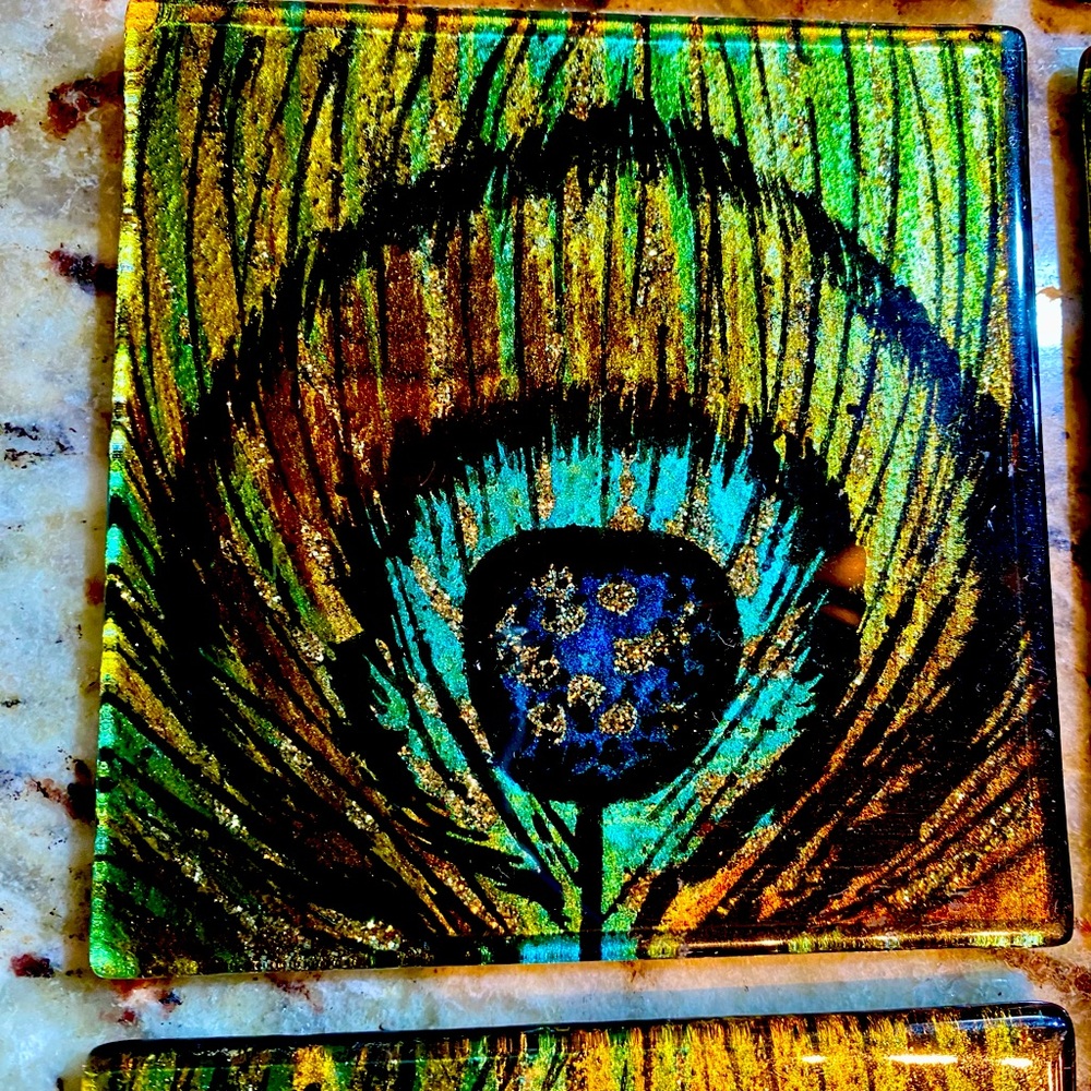 Glass peacock coasters